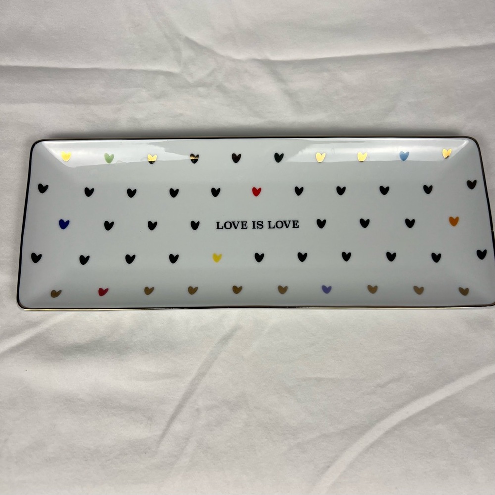 Williams Sonoma Love is Love tray with gold trim and multicolored hearts.